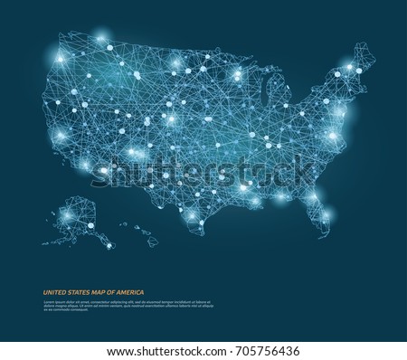  Vector map of United States map of America with glowing points.
