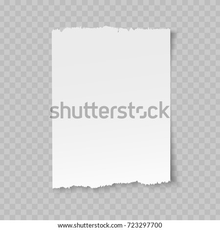 Vector blank sheet of torn paper with shadow on transparent background.