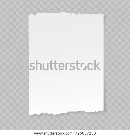 Vector blank sheet of torn paper on transparent background.