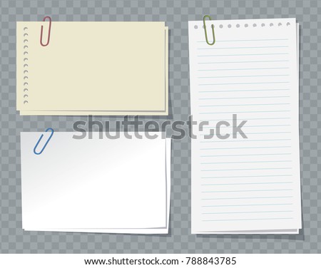 Different sheets of note papers and paper clips on transparent background.