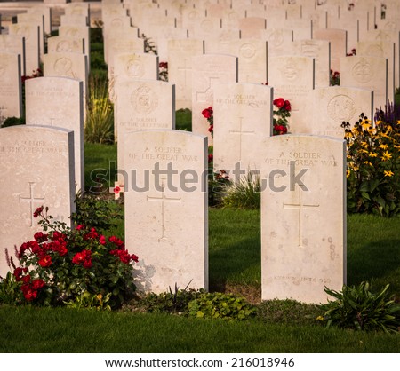 Headstones at the World War One cemetery at Tyne Cot, Belgium Cot, Belgium