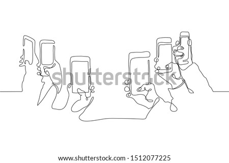 Continuous one line drawing In their hands phones smartphones. Six right hands holding smartphones directed by cameras to an empty center. Can be used for animation, as a mock up. Black line on white