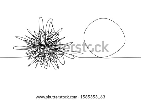 continuous one line drawing of a chaotic tangled complex knot and next to it a untwisted knot in the form of a single-line circle. Concept of solving the problem, comparing the complex and the easy