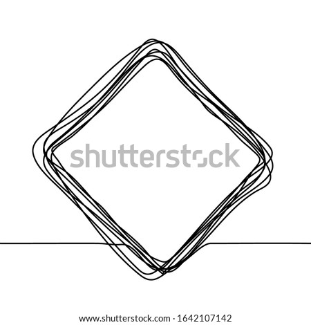 Vector square rhombus in sketch technique with empty center for text. Multilayer hand-drawn frame with a permanent black outline isolated on white. One continuous line drawing of a square frame.