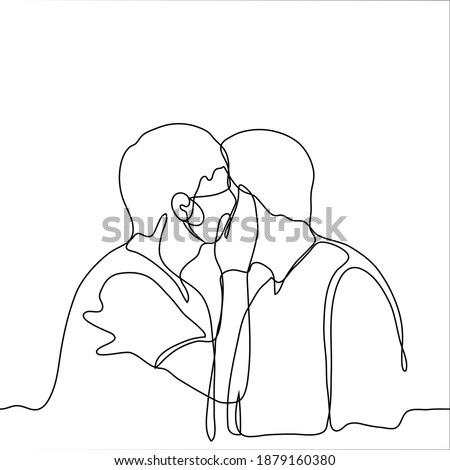 two men in masks stand close to each other, one whispers something to the other in his ear, covering his mouth with his palm. one line drawing of gossip, telling secret, sharing an intimate secret