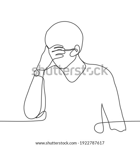 man in a mask closes his eyes with his palm.  one line of drawings concept of cringe, shame, social awkwardness Foto stock © 