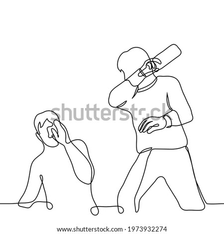 man hits another man with a bottle - one line drawing. the man swung bottle to hit the guy who is trying to protect his face by covering with his hand Сток-фото © 