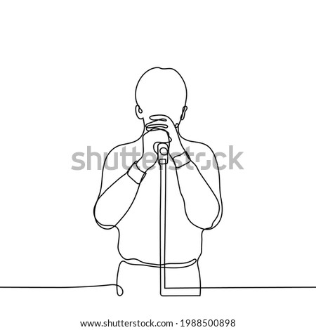 man in a shirt and trousers holding a microphone - one line drawing. singing singer concept, stand-up comedian monologue, orator speaking