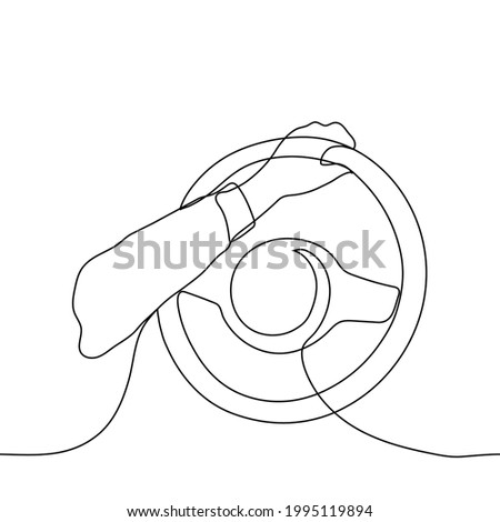 hand holds the steering wheel - one line drawing. Concept of car interior, driving one hand, driving exam