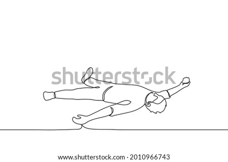man lying on the floor on his back in a starfish (or angel) pose - one line drawing. concept of fatigue, impotence, mental or physical crisis, lying drunk 