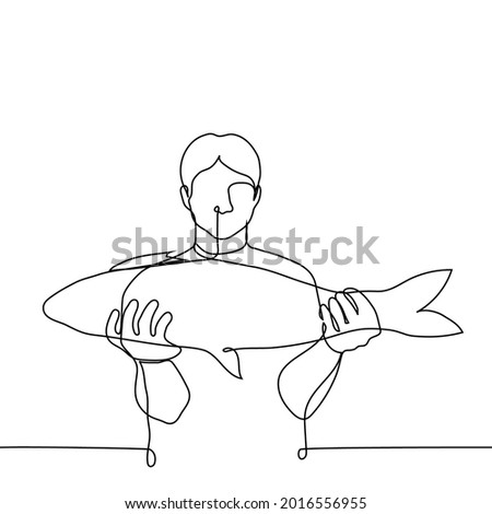 fisherman shows his catch - one line drawing. concept man showing off big caught fish 