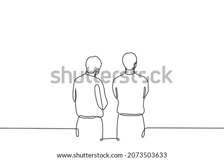 two men are standing with their arms crossed and looking at something above eye level - one line drawing vector. concept of exhibition visitors, passers-by stopped to look, observers or waiting