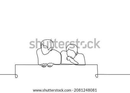 two men crouching hiding and peeping and eavesdropping on someone - one line drawing vector. concept of gossips, onlookers, passers by, curious  Foto stock © 