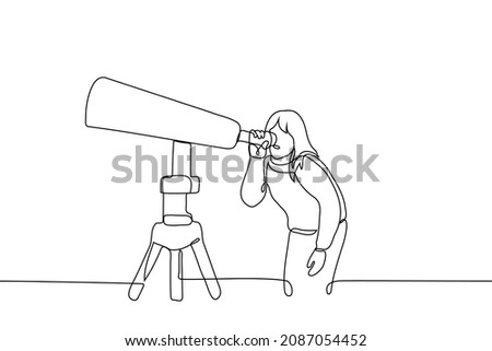 woman looks through huge telescope at stars - one line drawing vector. concept female astronomer, student or astronomy lover look through huge telescopic apparatus at starry sky 