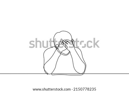 man hiding behind his hands - one line drawing vector. concept of shame, cringe, regret