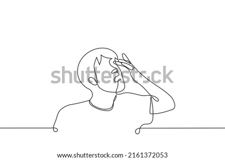 man rubs his eye with a finger or inserts a lens - one line drawing vector. the concept of vision problems, conjunctivitis, correct the lens
