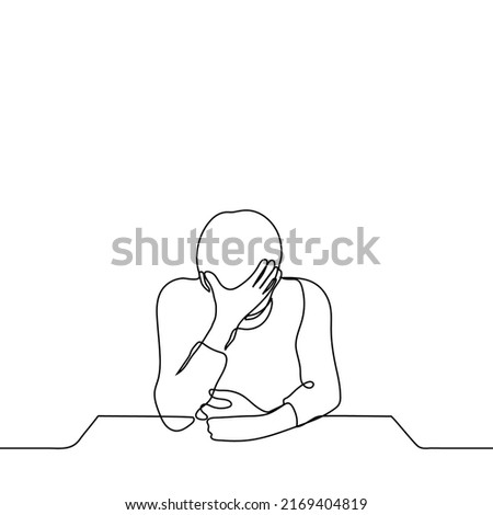 man sits resting his elbow on the table with his head down and leaning his forehead on his hand - one line drawing vector. concept fatigue, headache, overwork, migraine, facepalm, cringe, despair