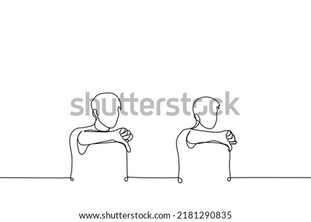 two men sitting separately from each other put their thumbs down - one line drawing vector. dislike concept, downvote, cancel culture