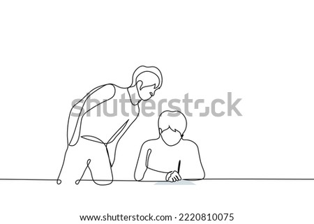 man leaned over and looks at what the man sitting at the table is writing - one line drawing vector. concept peek or check