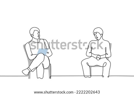 man sitting at the reception of a male psychologist - one line drawing vector. concept male patient (client) talks about his problems to a male psychoanalyst and the doctor takes notes