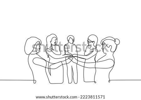 group of women stands with their hands together - one line drawing vector. concept women's union, feminism, women's solidarity,  team, friendship, women's club