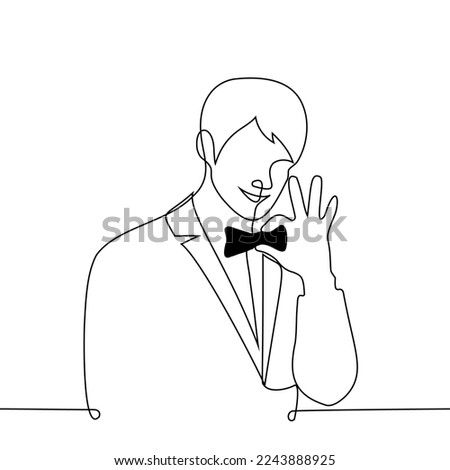 man smiling straightening his bow tie - one line drawing vector. concept happy man in tuxedo