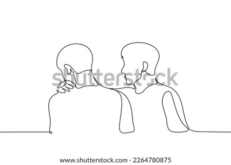 man is trying to stop a friend who is leaving or turning away from him by holding his shoulder - one line drawing vector. concept comfort, comfort, pay attention, be empathic and caring