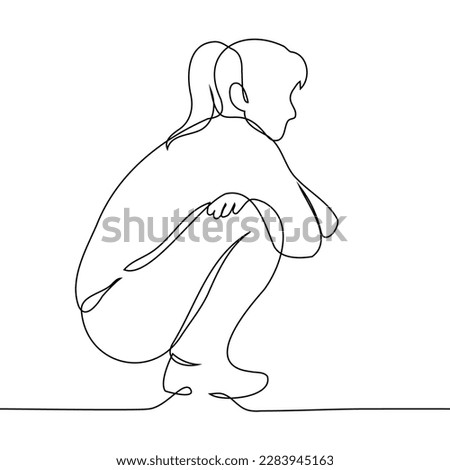 squatting woman silhouette - one line drawing vector. concept to be sad alone, nowhere to sit