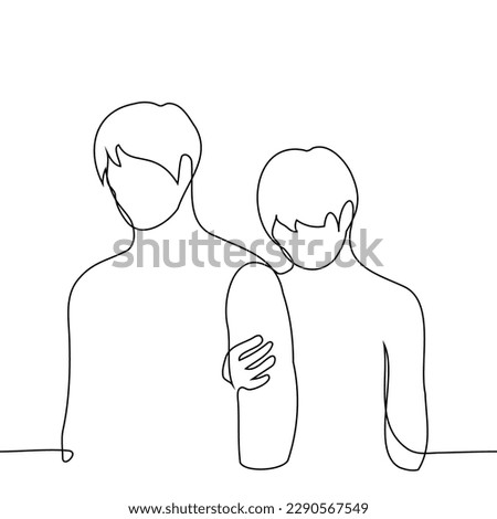 young man with his head down holds his hand and stands behind a tall and older man - one line drawing vector. concept younger brother is shy, afraid, blind and sighted, older and younger brothers