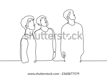men stand and look up in one direction - one line art vector. concept observers of a celestial object, eyewitnesses