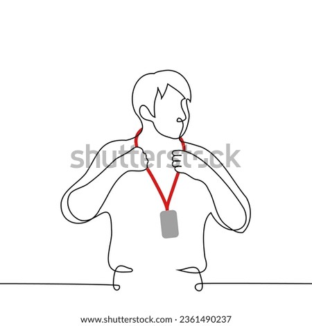 man puts on or takes off a badge on a red ribbon - one line art vector. concept of preparation or completion of a conference, seminar or business meeting