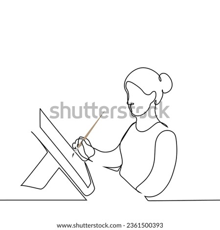 woman with a brush sits at the table with an art easel with a canvas or sheet of paper - one line art vector. concept female artist, art therapy, drawing master class