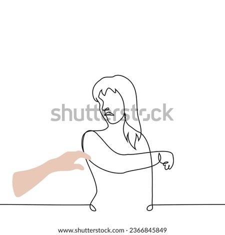 woman with irritation or disgust removes her hand from someone else's hand extended to her - one line art vector. concept refuse help, respond to harassment