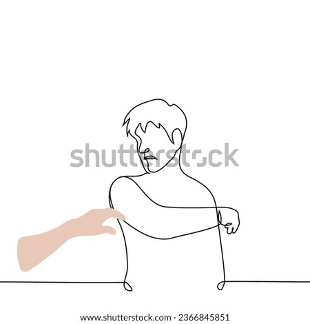 man with irritation or disgust removes his hand from someone else's hand extended to him - one line art vector. concept refuse help, respond to harassment