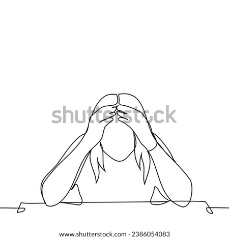 woman sitting at the table clutching her forehead - one line art vector. concept crisis, despair, confusion, madness, fatigue, burnout, depression