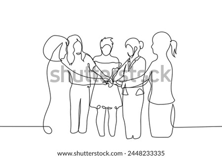 group of five women stand with their hands extended to the center all together one line art vector. Hand-drawn sketch illustration. concept of women's solidarity, feminism. Hand made vector not AI