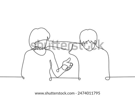 man covers the mouth of a standing gesturing woman with his palm - one line art vector. concept of shutting up your wife, getting tired of other people's chatter