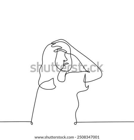 woman put hand on head with mouth open - one line art vector. concept despair, crisis, facepalm, cringe, migraine. Handmade vector not AI