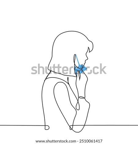 woman pulling mask off her face - one line art vector. catch your breath concept, end of lockdown. Handmade vector not AI