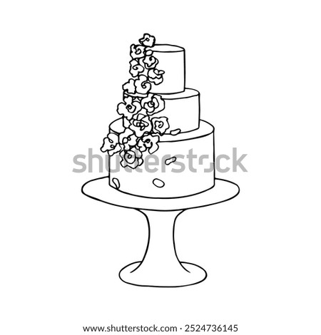 Triple layer wedding cake decorated with flowers on a high stand - hand drawn outline sketch