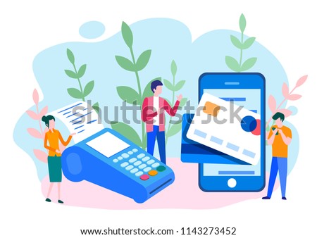 Concept Online and mobile payments for web page, social media, documents, cards, posters. Vector illustration pos terminal confirms the payment using a smartphone, Mobile payment, online banking.
