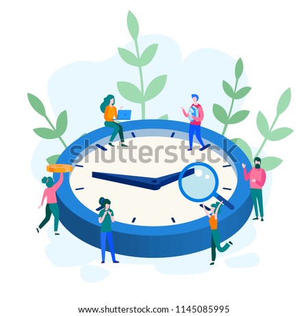 Concept time management, Businessman working on isometric clock for web page, banner, presentation, social media, documents, cards, posters. Vector illustration, Organization of process. team work