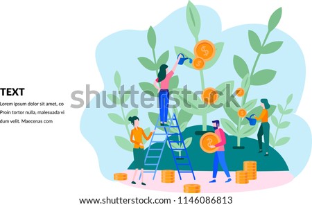Concept company is engaged in the joint construction and cultivation of money cash profits for presentation, social media, documents, cards, posters. Vector illustration career growth to success
