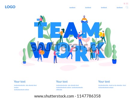 Vector business illustration, for web page, banner, presentation, social media, documents, cards, posters.businessmen together build word teamwork, abstract design graphic, construction business 