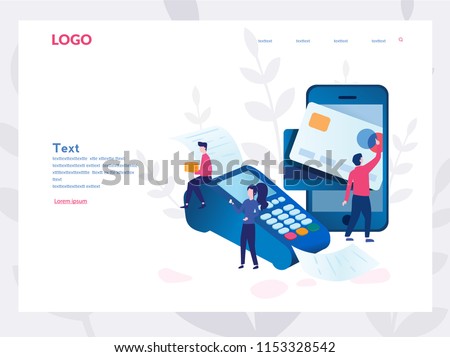 Concept Online and mobile payments for web page, social media, documents, cards, posters. Vector illustration pos terminal confirms the payment using a smartphone, Mobile payment, online banking.
