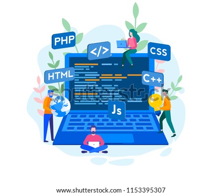 Engineering, Programmer development, Software programming Concept for web page, banner, presentation, social media. Vector illustration project team of engineers for website, PHP, HTML, C++, CSS, Js.