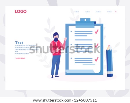 Business man fill out  checklist on a clipboard paper. Big pencil, mission completed concept for web page, banner, presentation, social media, documents, cards, posters. Vector illustration