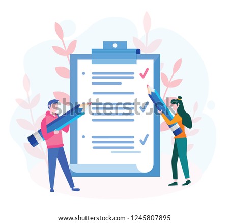 Business man and woman fill out  checklist on a clipboard paper. Big pencil, mission completed concept for web page, banner, presentation, social media, documents, cards, posters. Vector illustration