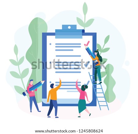 Business Team fill out  checklist on a clipboard paper. Big pencil, mission completed concept for web page, banner, presentation, social media, documents, cards, posters. Vector illustration, teamwork
