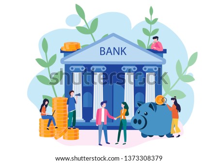 Bank building with piggy bank and small bankers are engaged in work, bank financing, money exchange, financial services, financial services, saving or accumulating money, Vector illustration